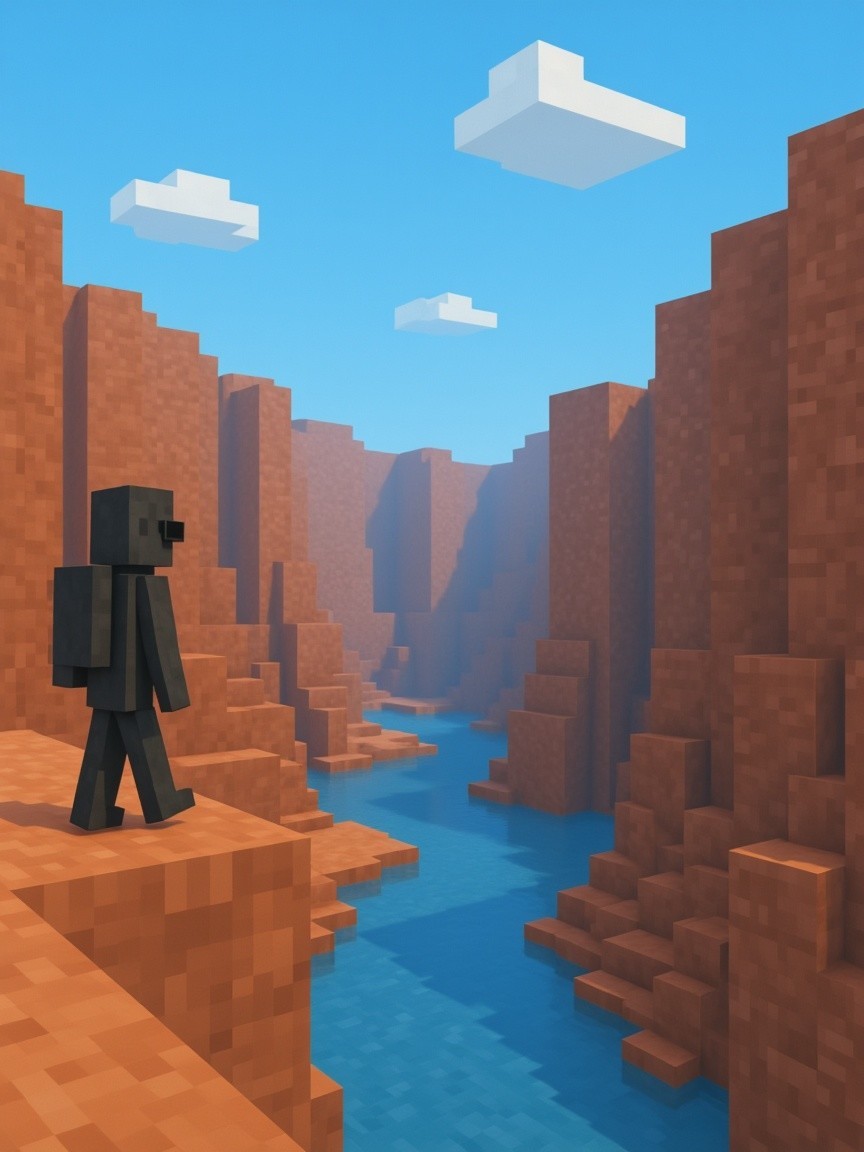 Blocky Character Overlooks Serene Canyon Landscape