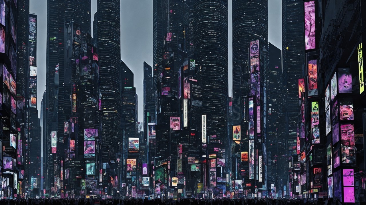 Futuristic cityscape with neon skyscrapers and crowds