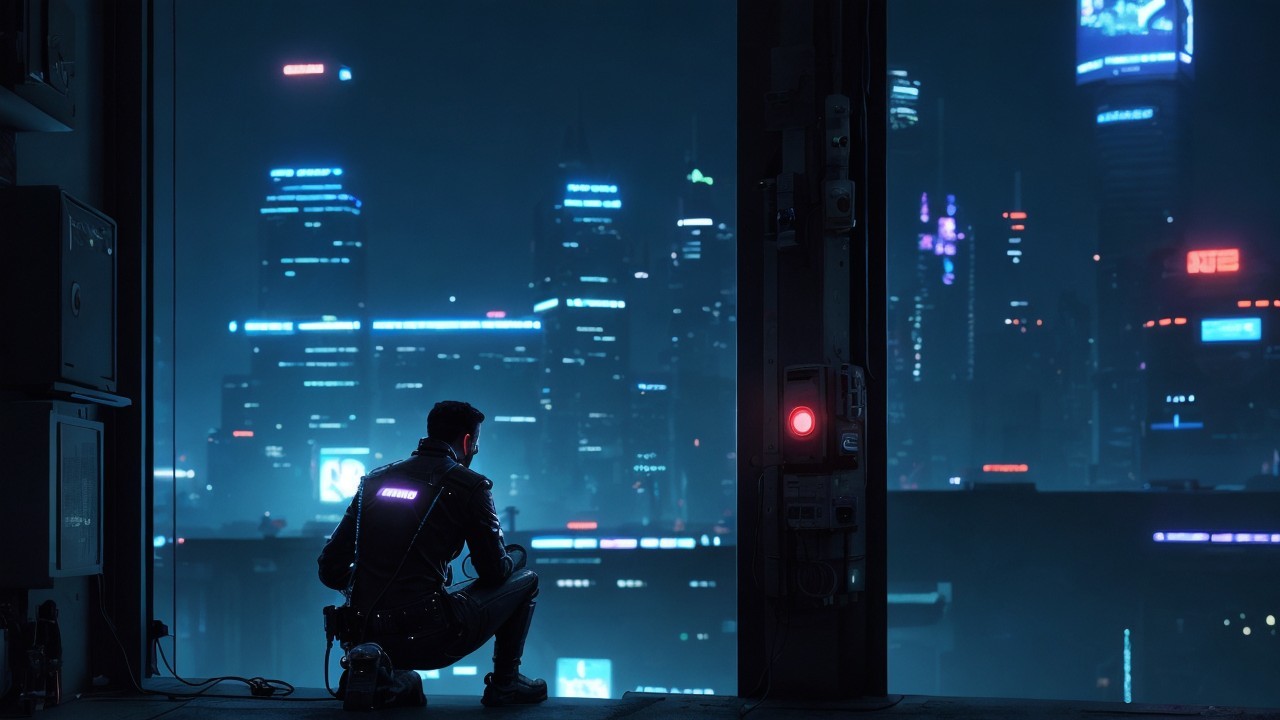 Futuristic cityscape with neon lights and skyscrapers