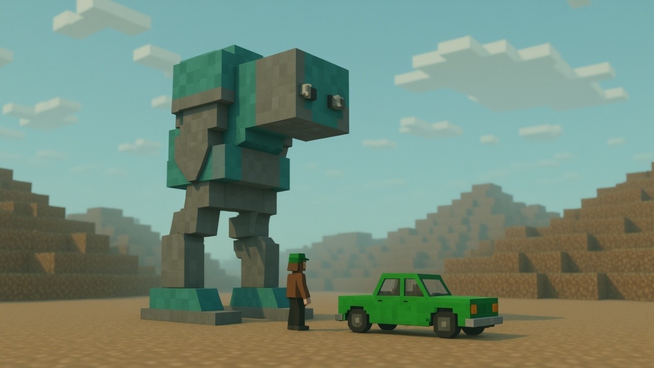 Pixelated Robot and Car in Blocky Landscape Scene