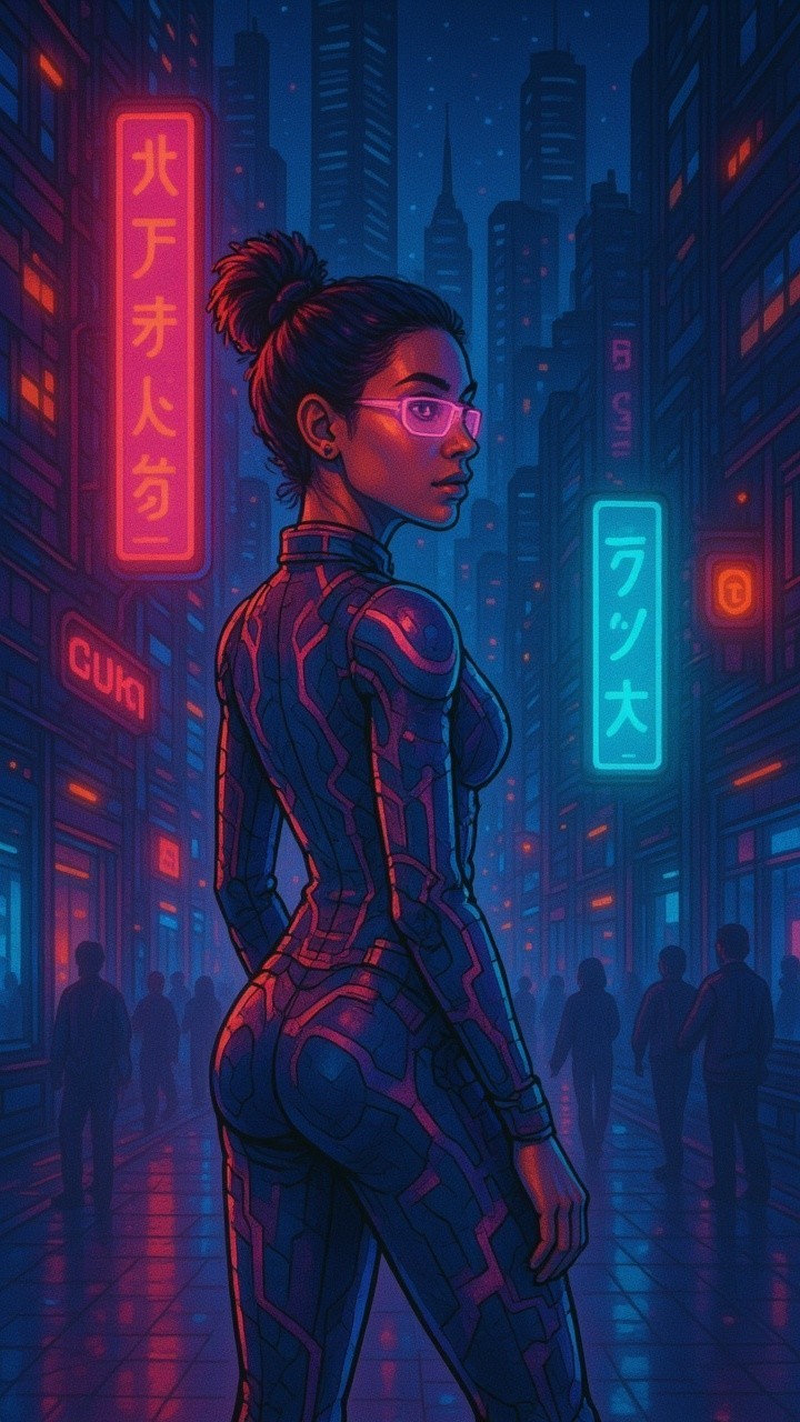 Futuristic Woman in Neon-Lit Cityscape Setting