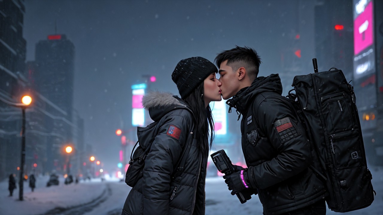 Couple Kissing in Snowy Urban Landscape at Night