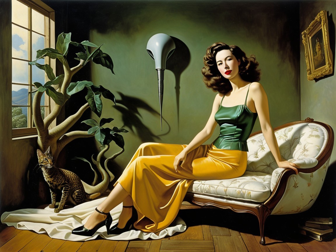 Vintage Glamorous Woman on Floral Couch with Cat
