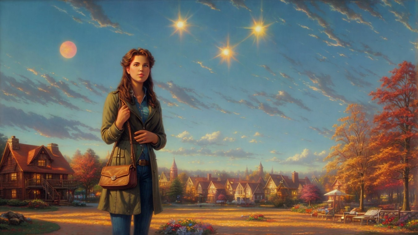 Young woman in autumn landscape with village and stars