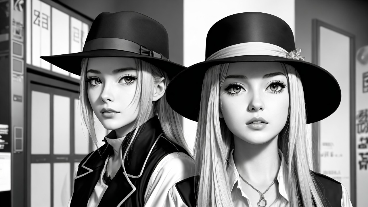 Elegant Characters in Black Hats in Urban Setting
