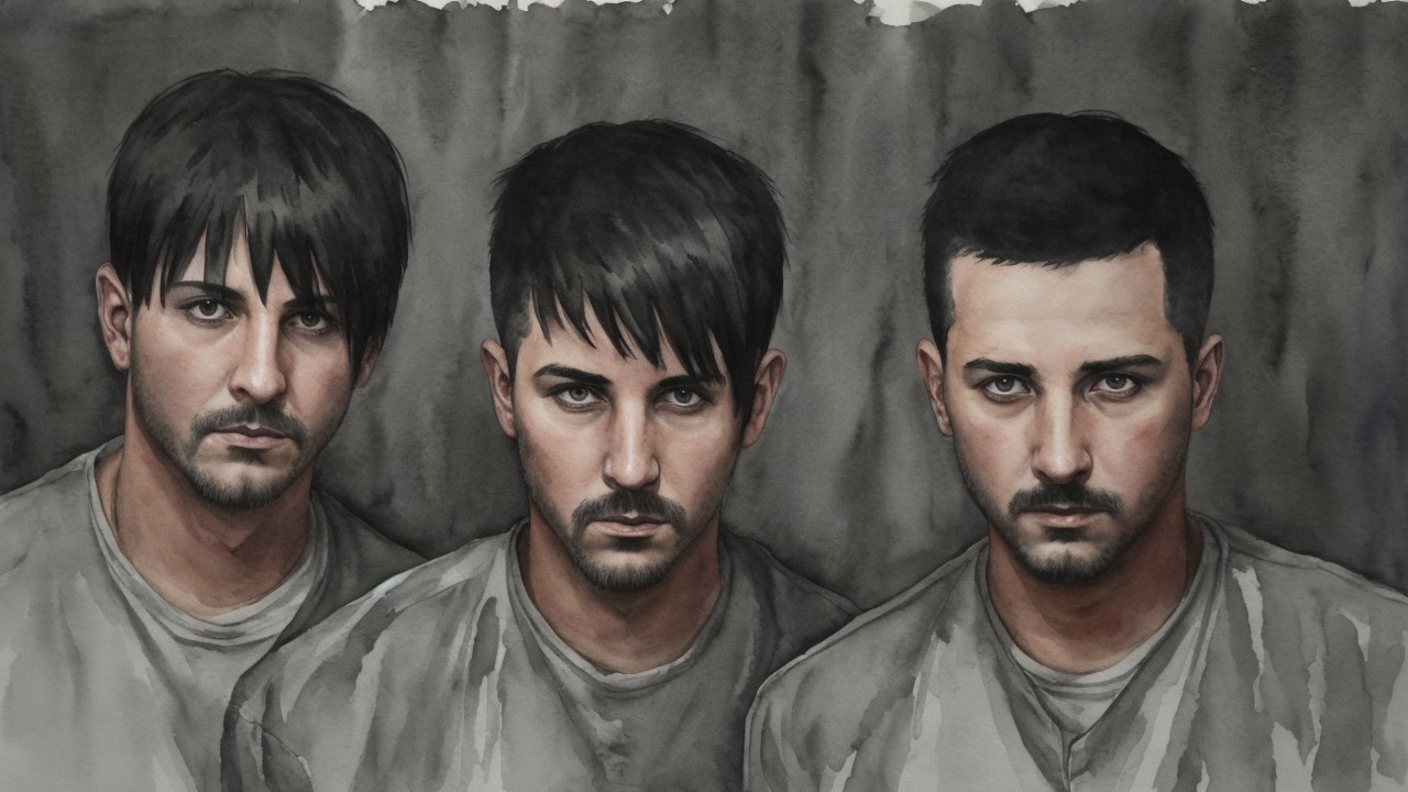 Watercolor Painting of Three Intense Male Figures
