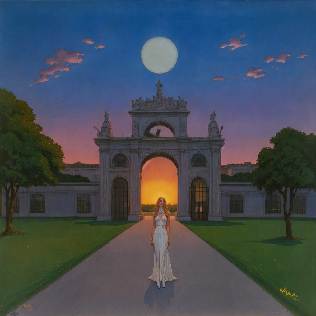 Woman in White Dress by Moonlit Archway at Sunset