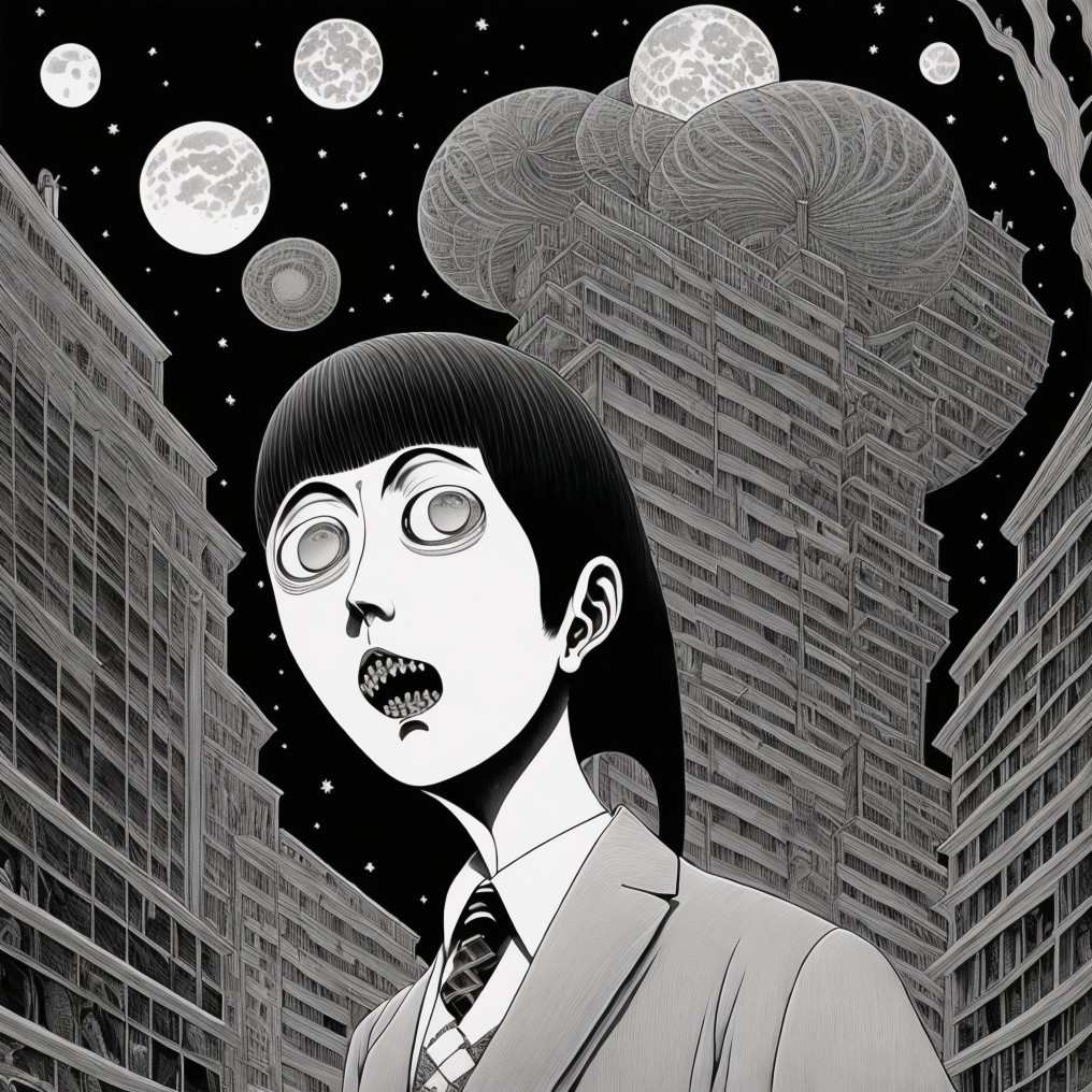 Monochromatic Character in Surreal Cityscape Scene