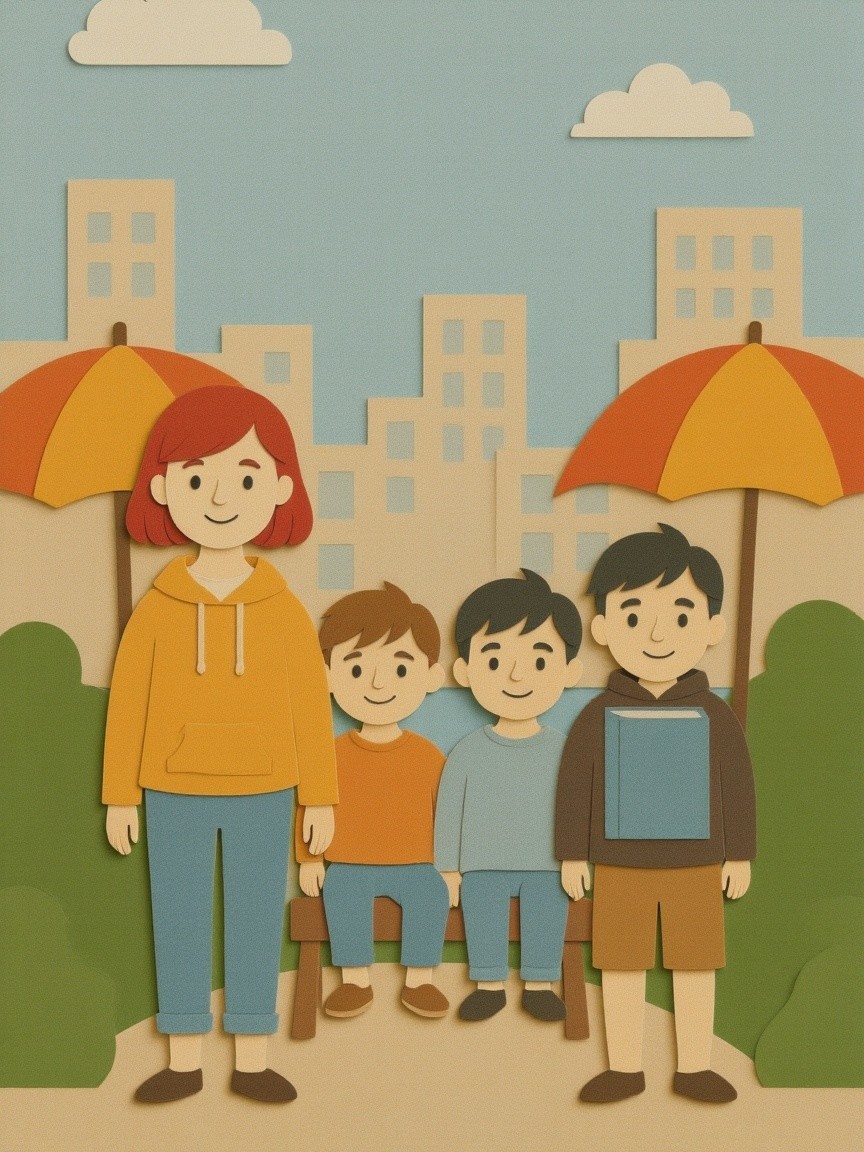 Colorful Paper-Cut Illustration of Woman and Boys in Park