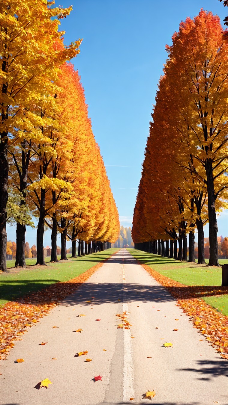 Autumn Avenue with Vibrant Trees and Clear Sky