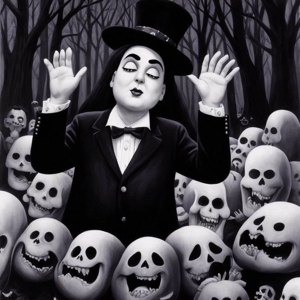 Eerie Forest Scene with Skull-Faced Figures and Conductor