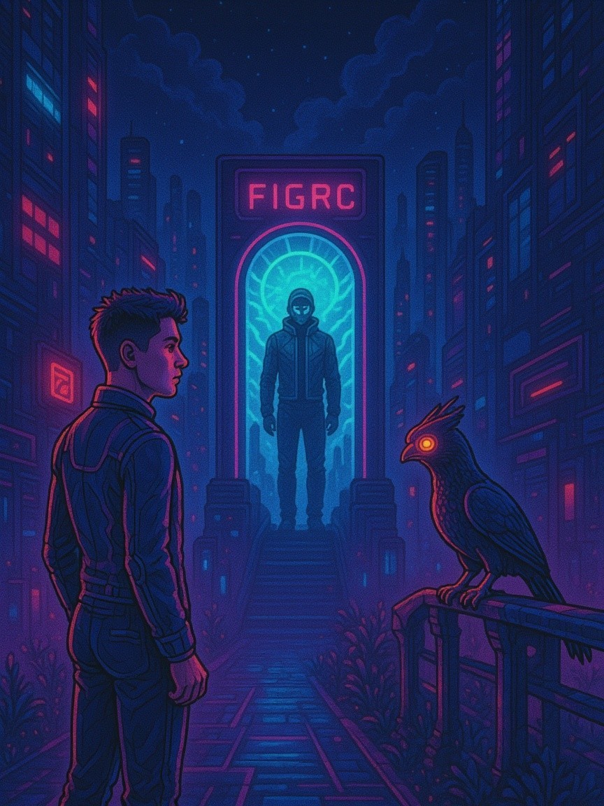 Futuristic cityscape with glowing portal and owl