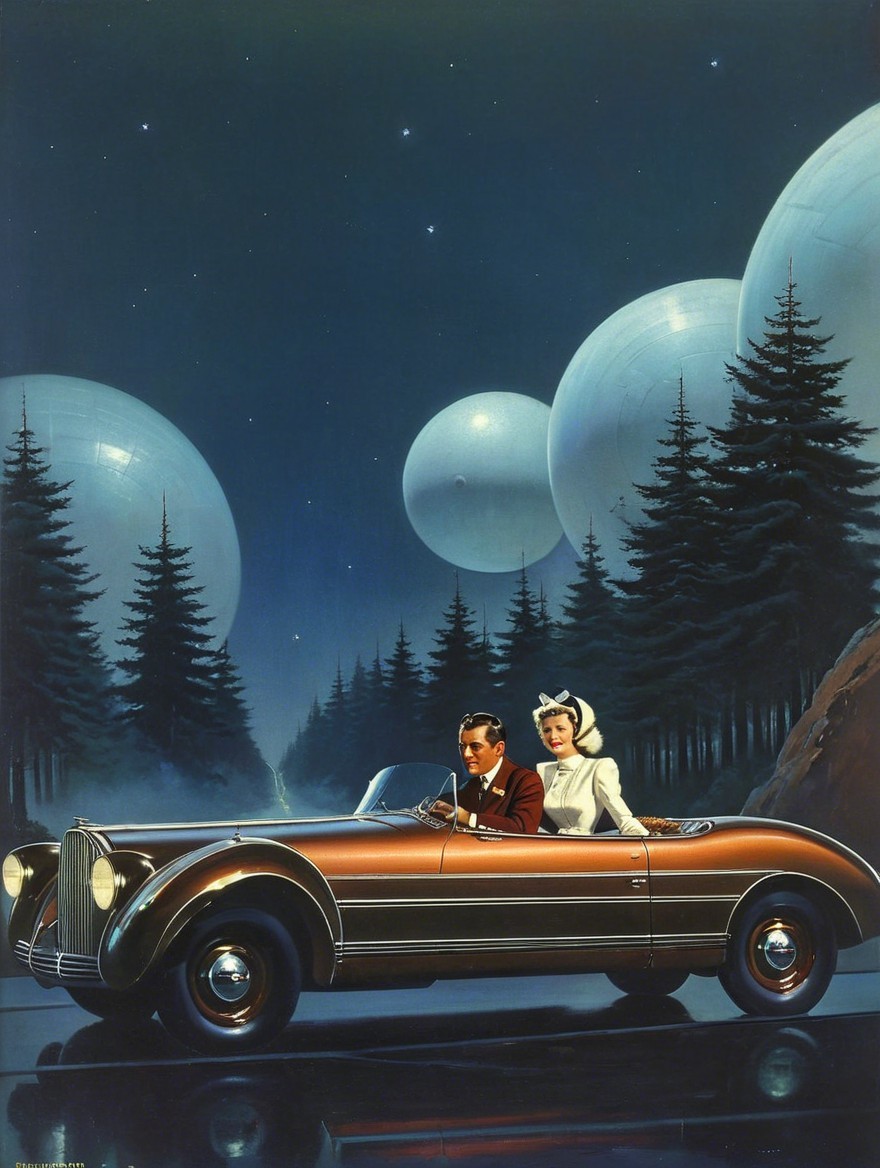 Retro-Futuristic Scene of a Couple in Convertible