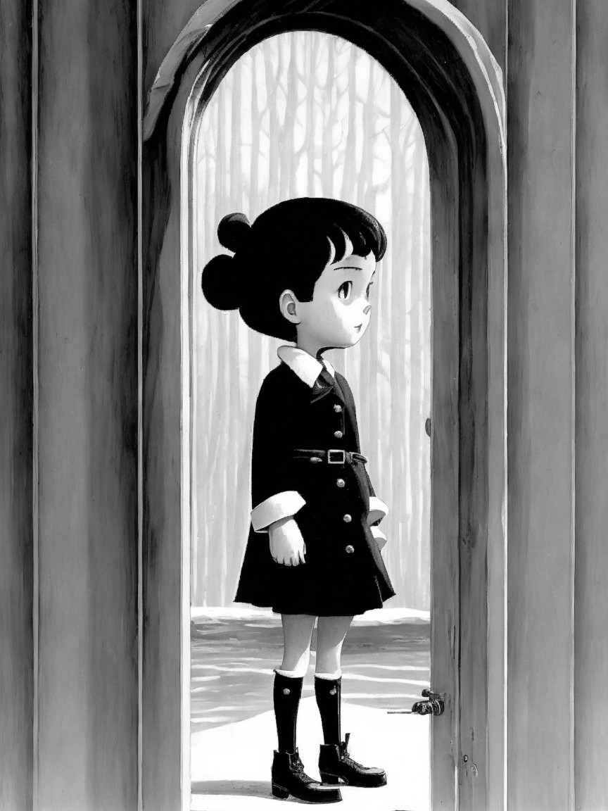 Young girl in black dress at arched doorway with foggy forest