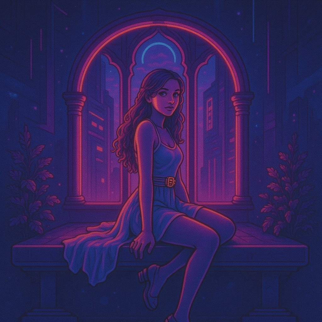 Young woman on stone ledge by ornate arched window