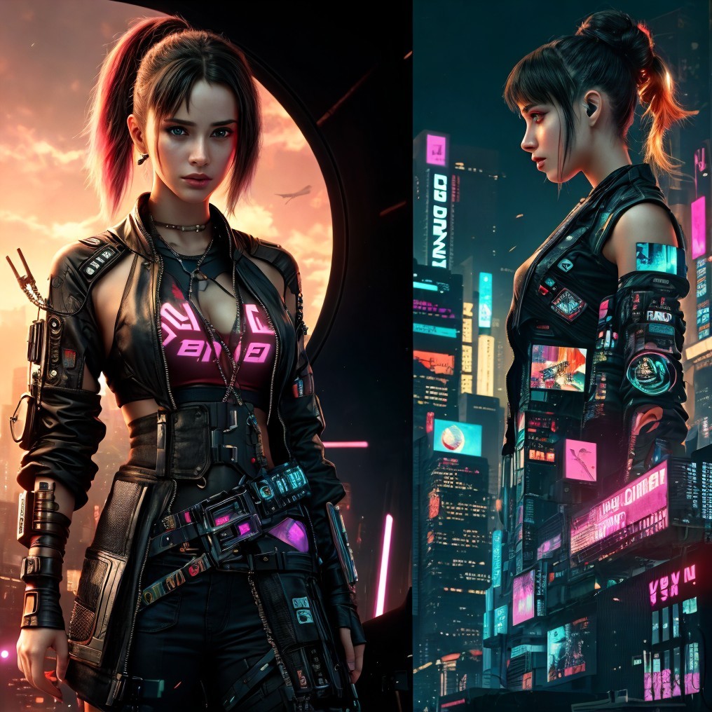 Futuristic Female Character in Neon Cityscape
