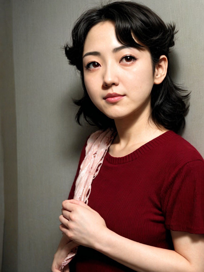 Young woman in burgundy shirt with pink scarf