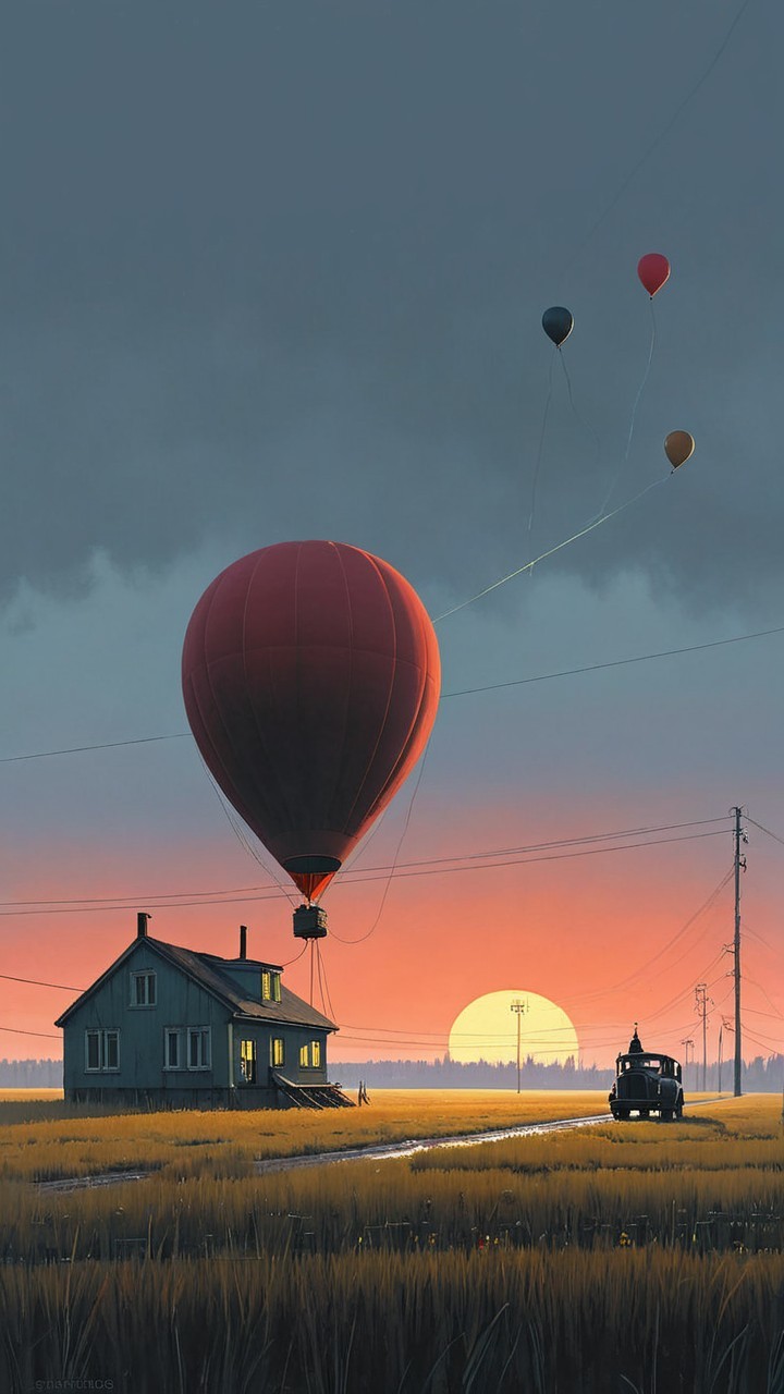 Vibrant Sunset Over Serene Landscape with Balloons