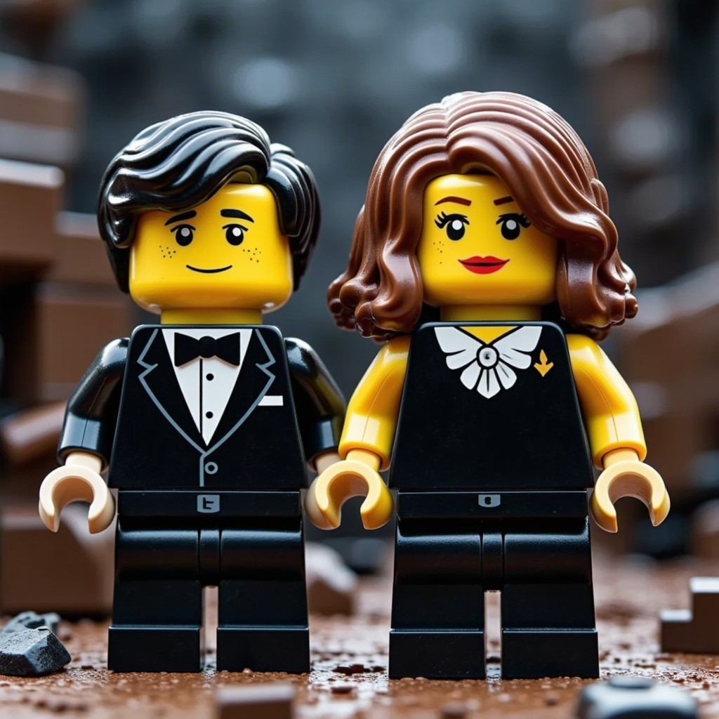 LEGO Minifigures in Stylish Black Attire Against Dark Bricks