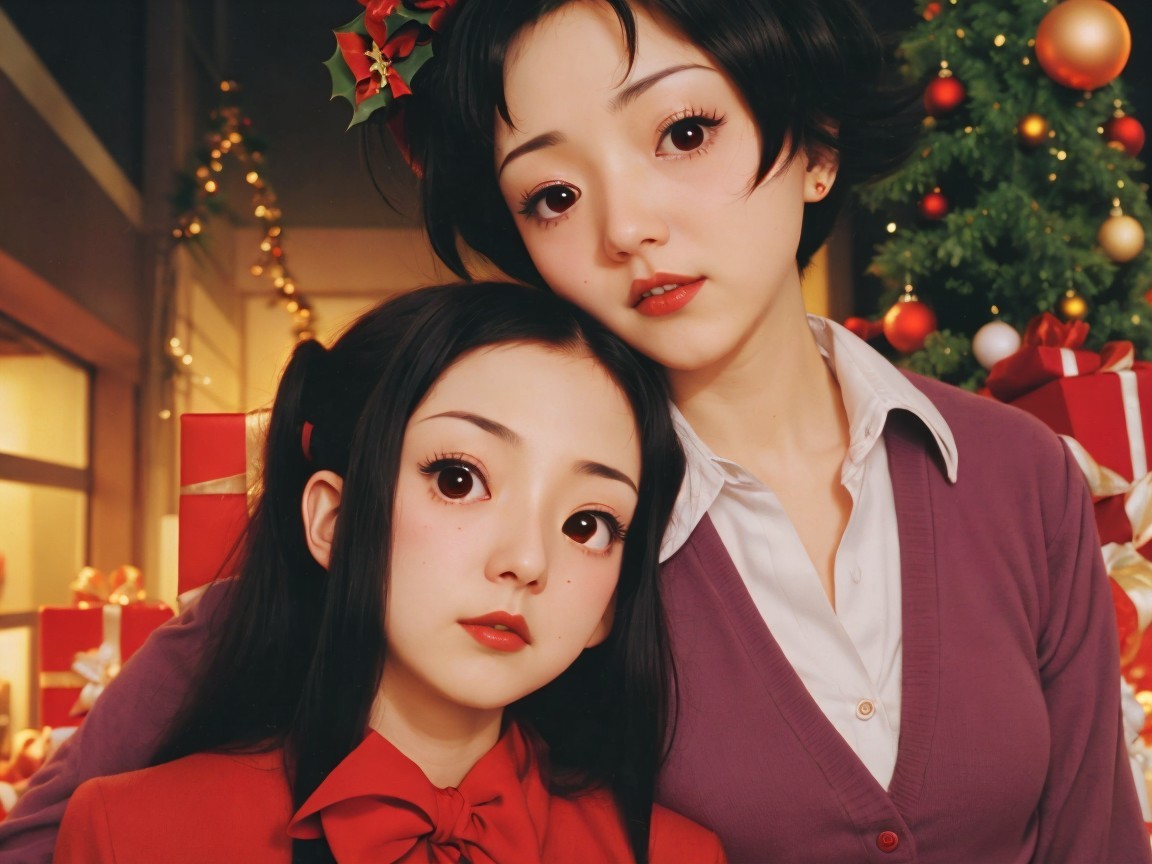 Anime Women by Christmas Tree with Red Ornaments