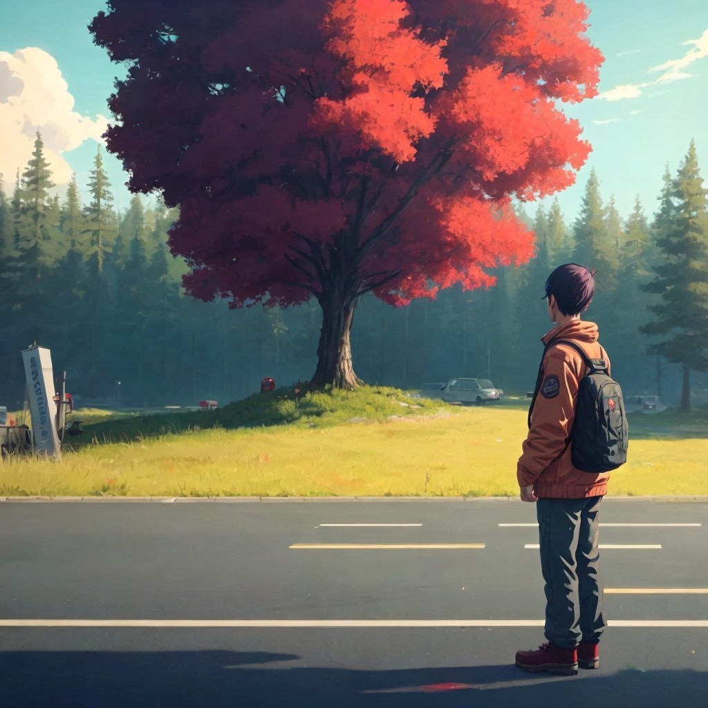 Young person observing a red tree in a green forest