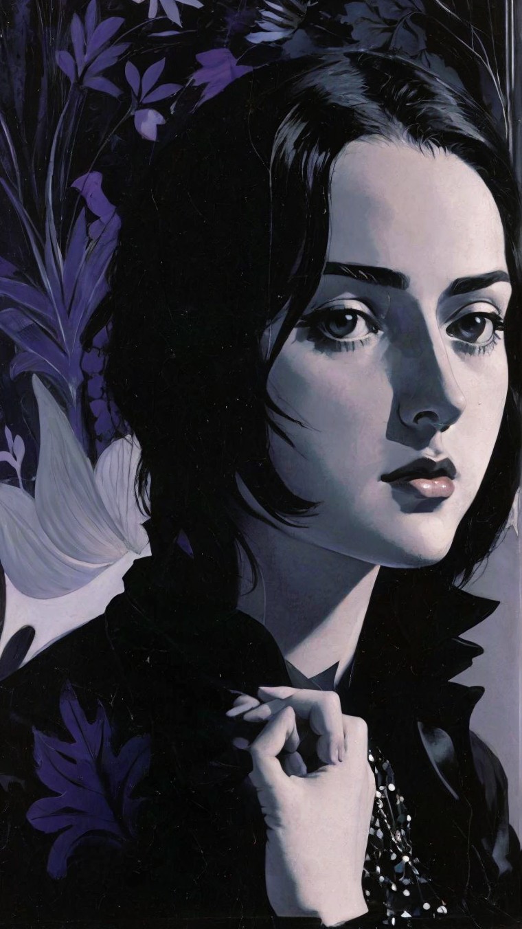 Portrait of a Young Woman with Dark Hair and Flowers