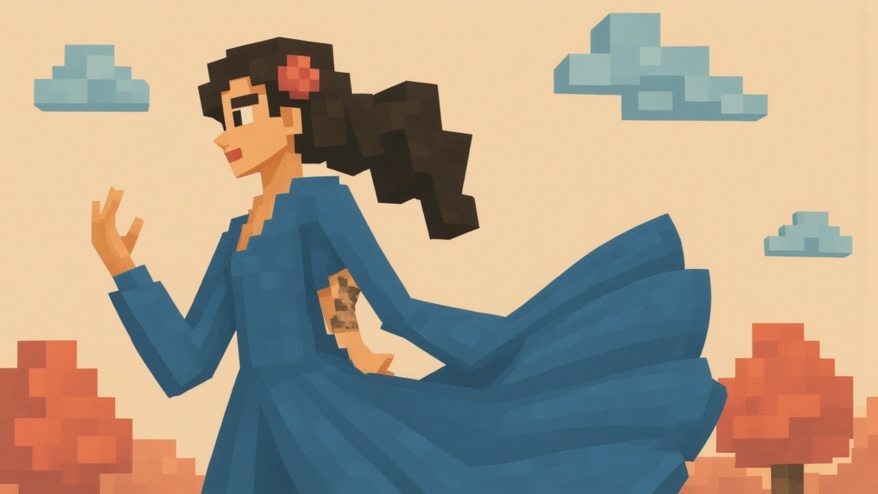 Pixel Art of Girl in Blue Dress in Whimsical Landscape