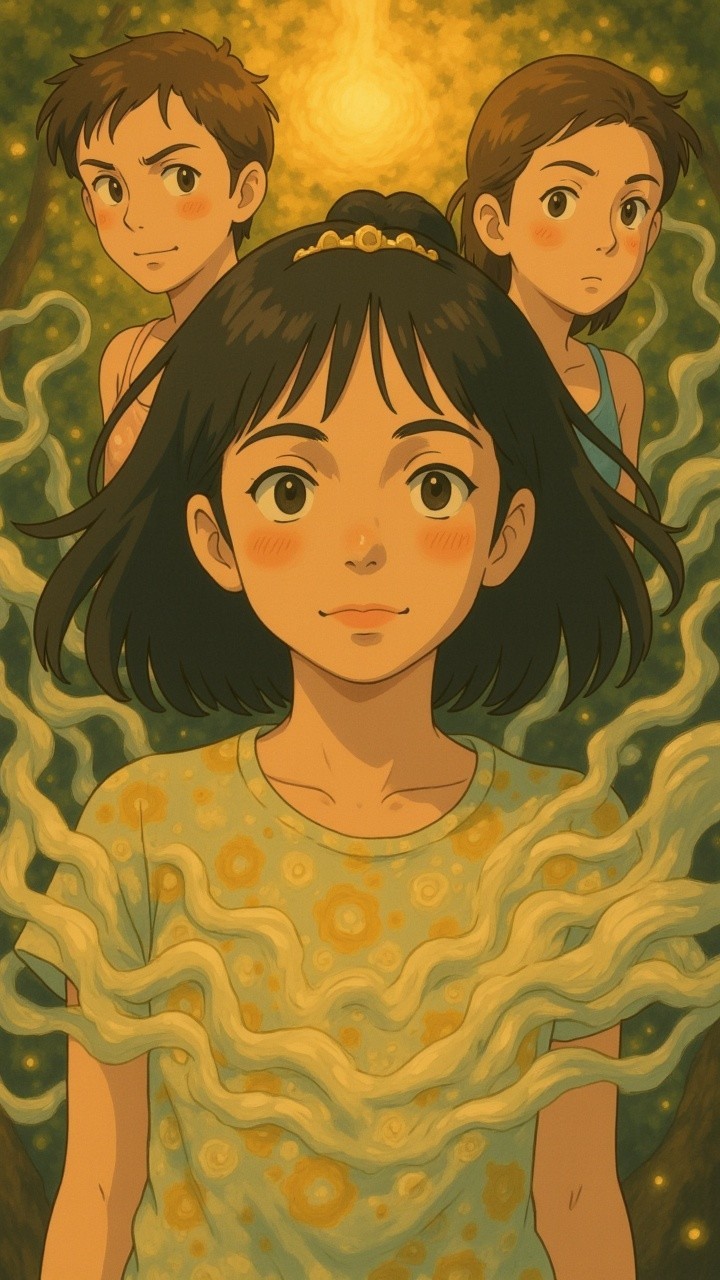 Young girl in floral shirt with two curious boys