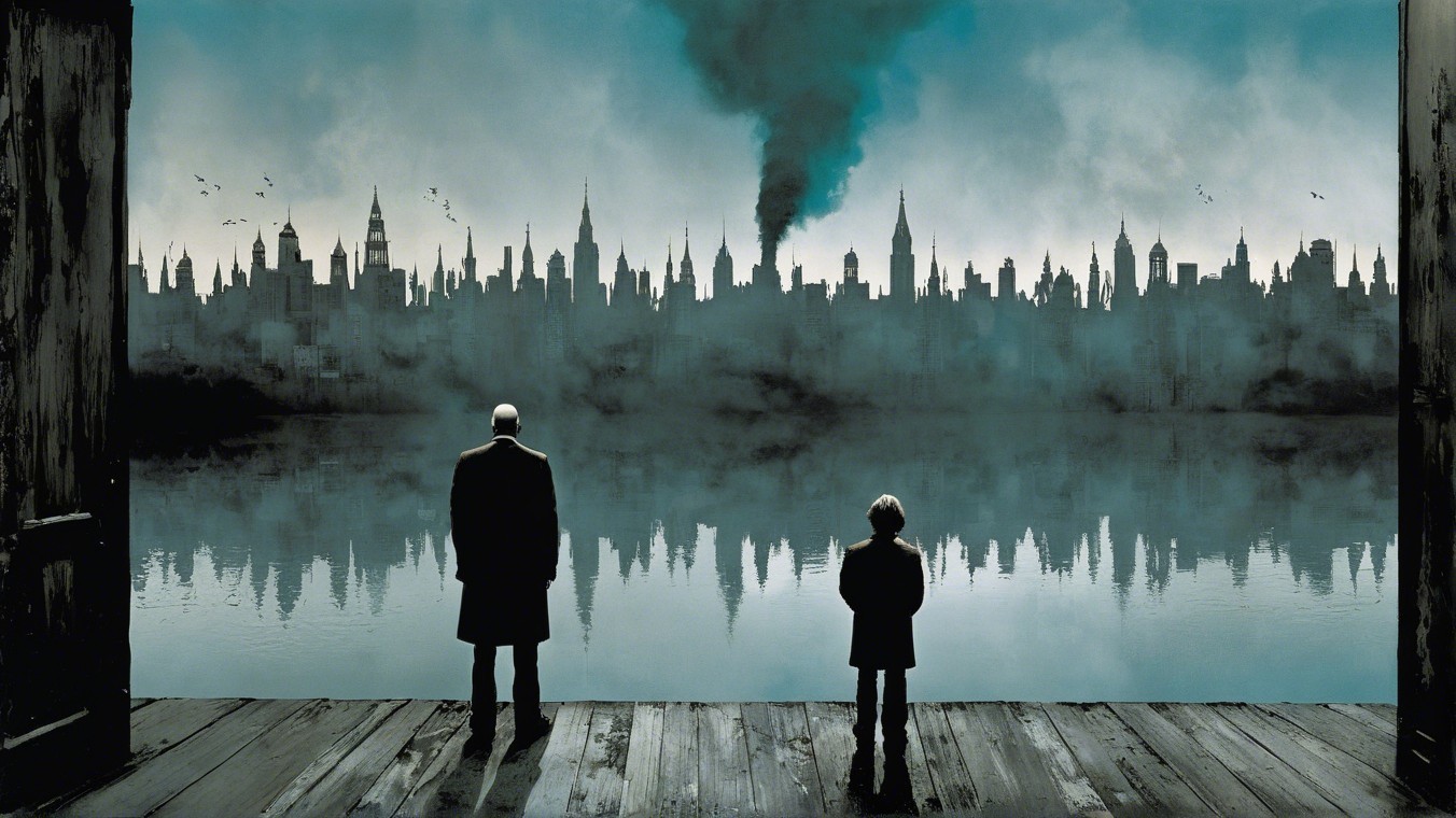 Figures on Platform Overlooking Misty City Skyline