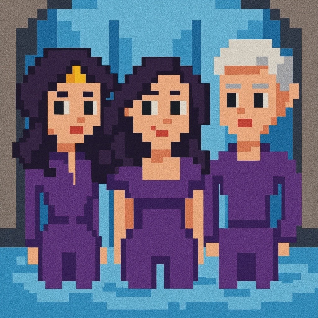 Pixel Art Characters by a Vibrant Waterfall Scene