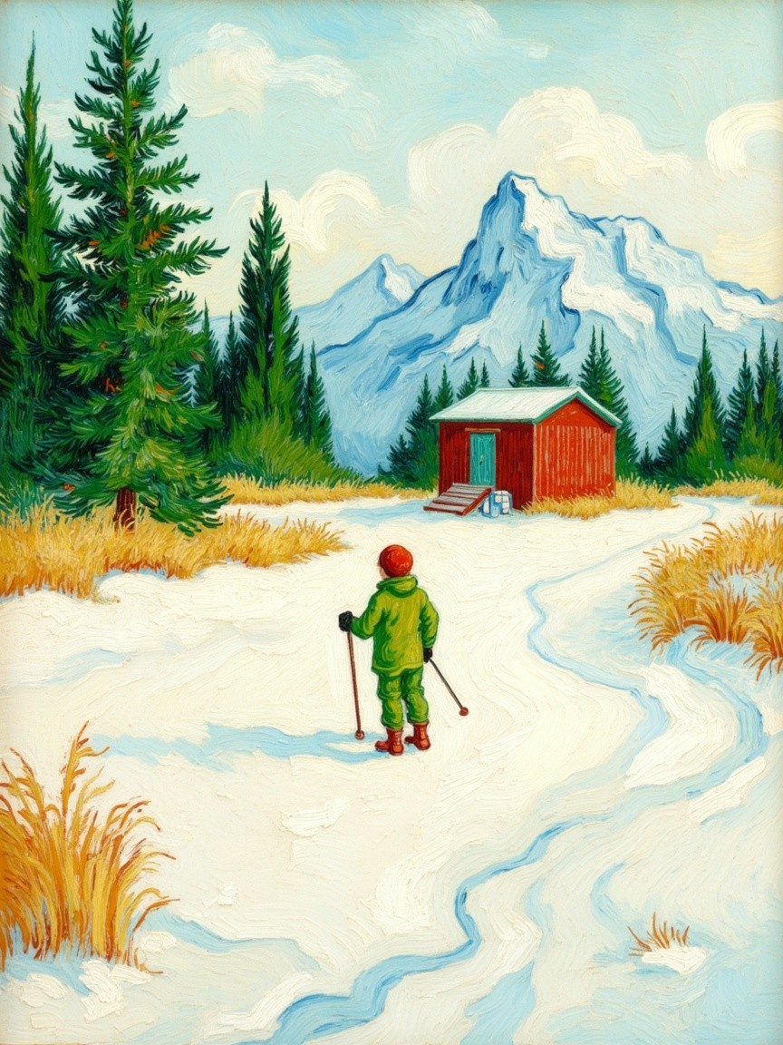 Skier in Green Outfit on Snowy Path with Cabin