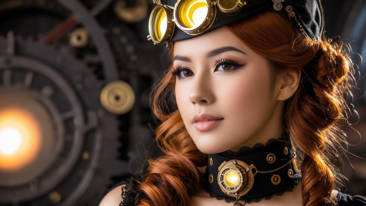 Steampunk Woman with Gears and Machinery Background