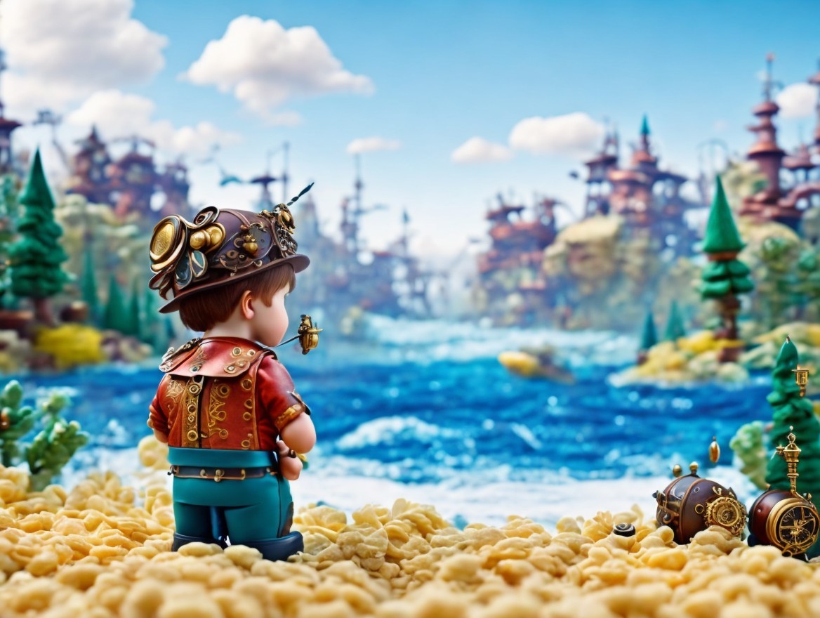 Young Boy in Steampunk Attire on Sandy Shoreline