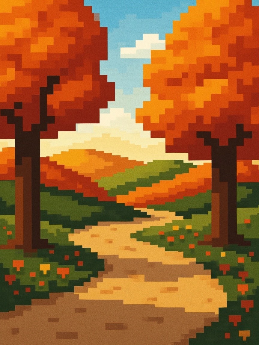 Vibrant Pixel Art Landscape with Autumn Foliage