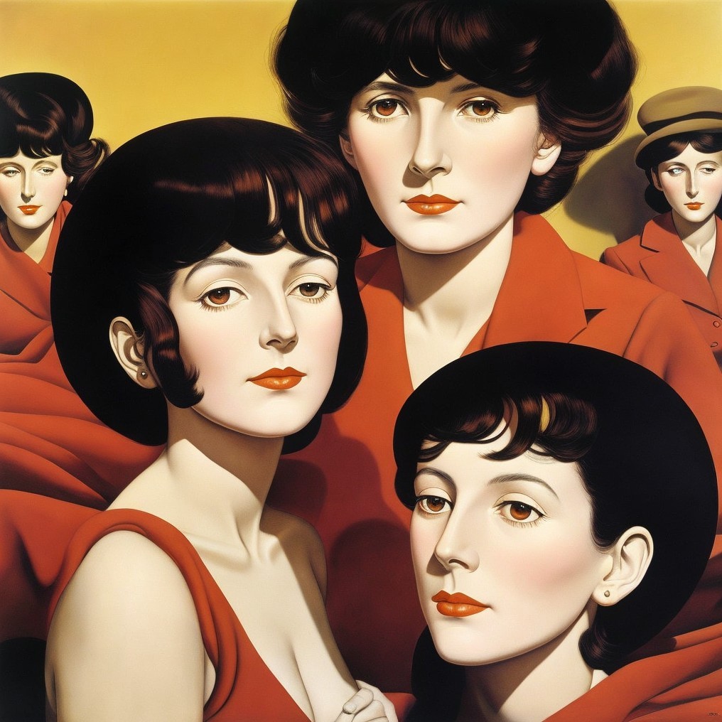 Group of Five Women in Red Outfits Against Yellow Background
