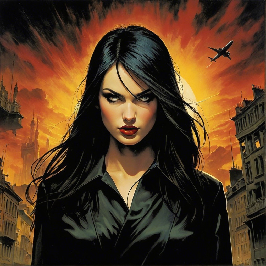 Female figure with dark hair against fiery sunset