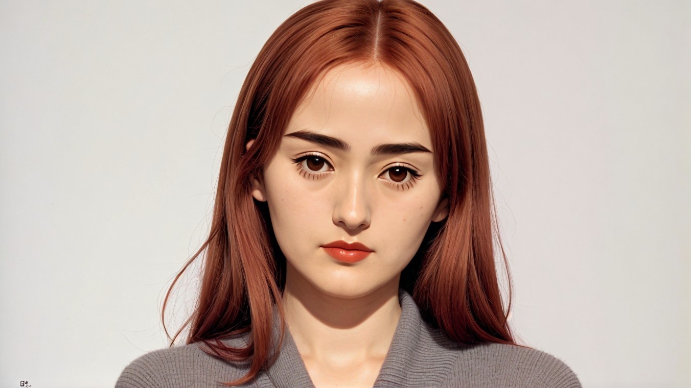 Young woman with long reddish-brown hair in gray sweater
