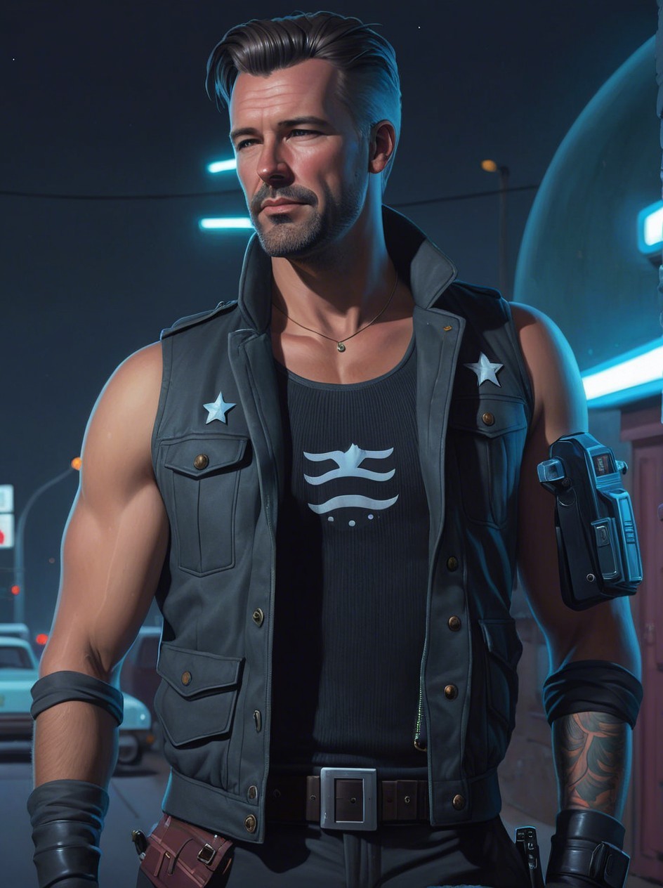 Muscular Man in Tactical Vest Under Neon Lights
