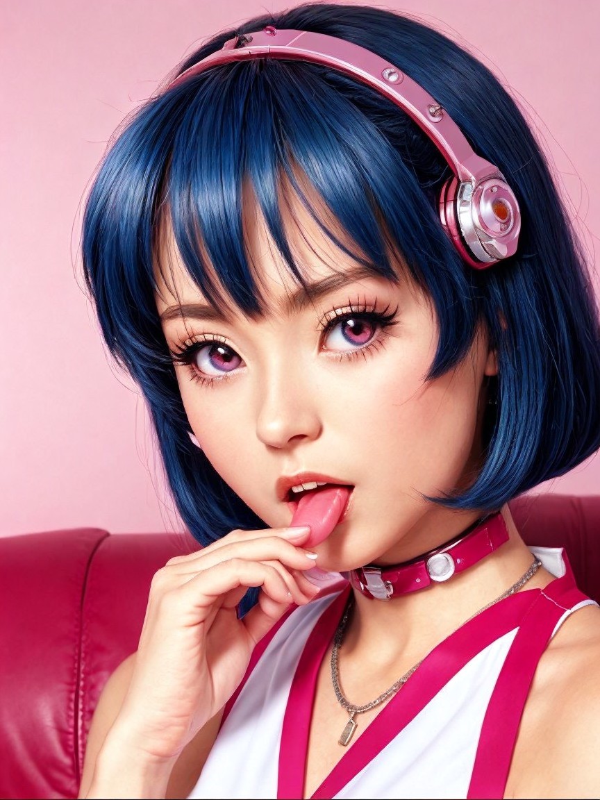 Young woman with blue hair in playful pink setting