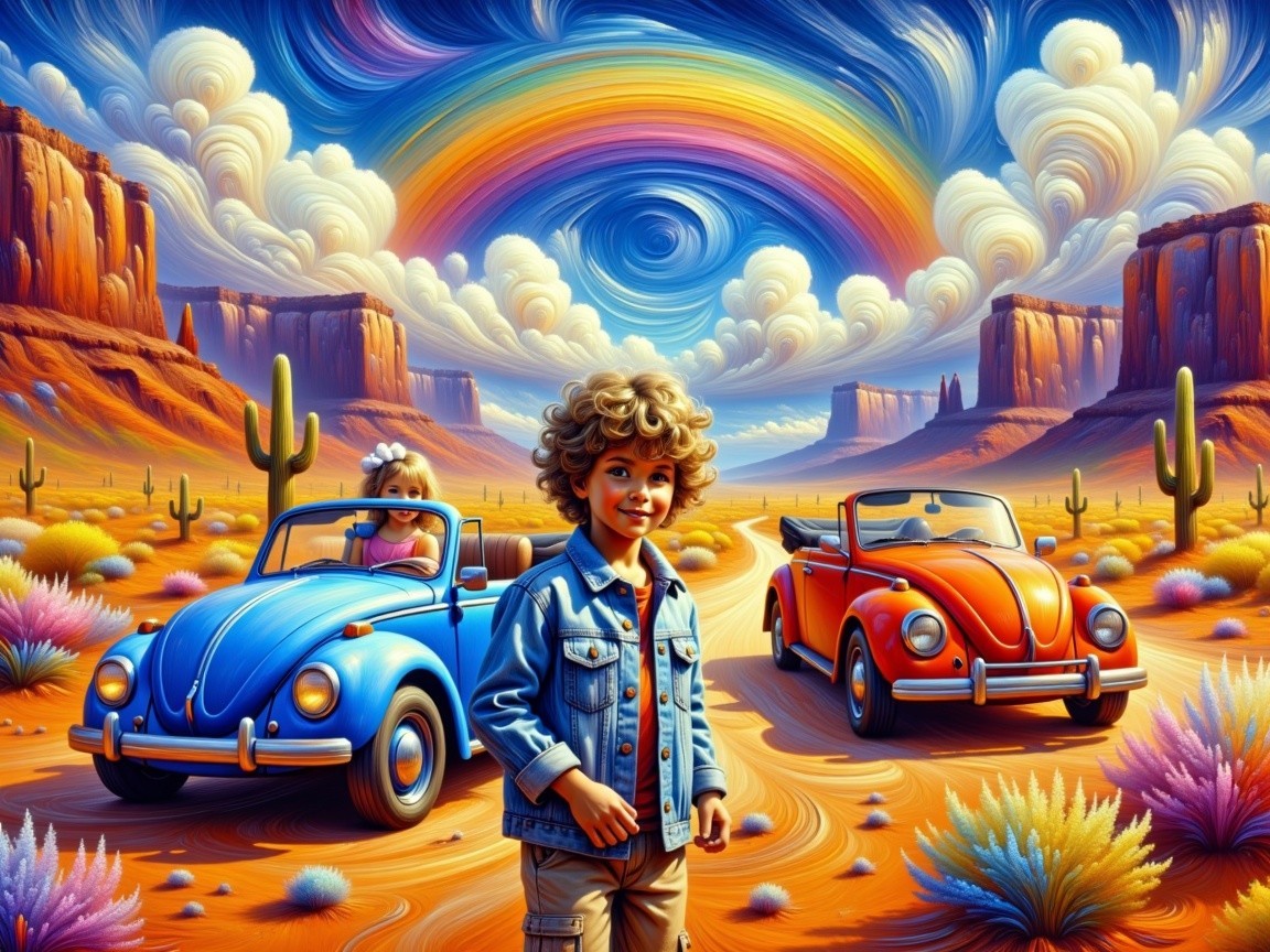Cheerful Boy in Desert with Classic Cars and Rainbow