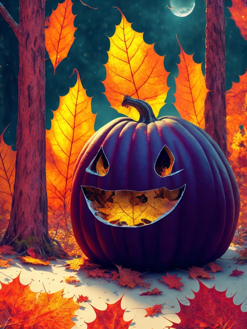Whimsical Pumpkin Surrounded by Autumn Leaves and Trees