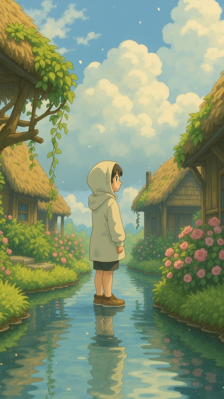 Serene Animated Scene of Child in Calm Water