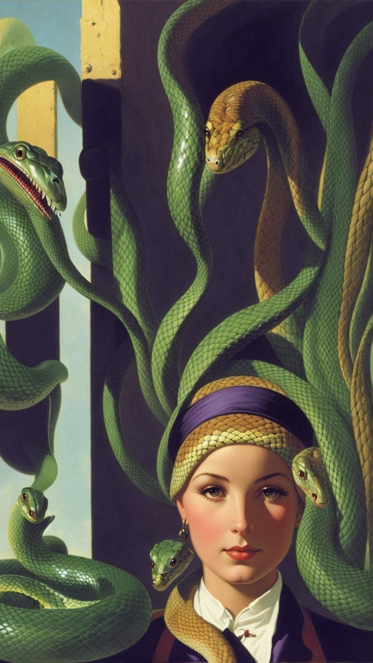 Serene Woman Surrounded by Swirling Green Snakes
