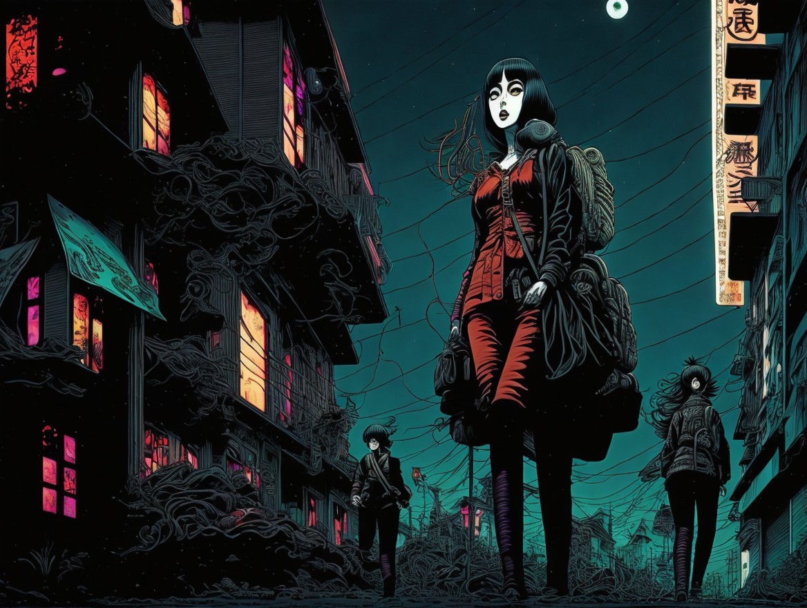 Three Figures in a Dark Urban Landscape with Shadows