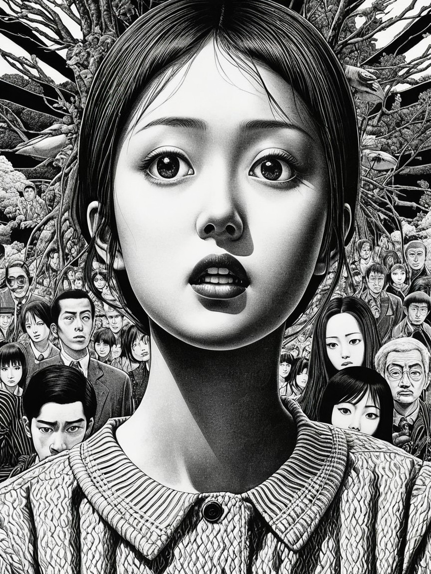 Black-and-white illustration of a girl in a surreal scene