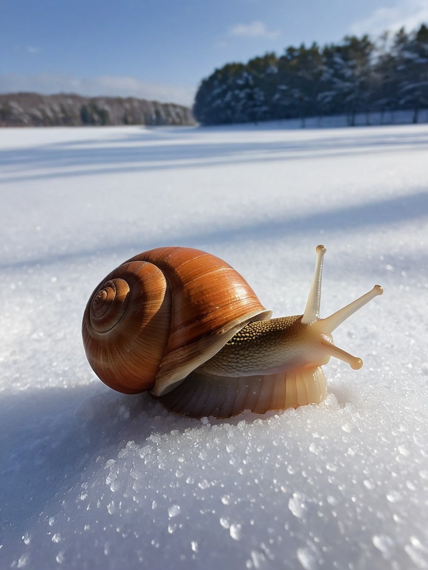 Snail on Snowy Landscape with Spiral Shell and Trees