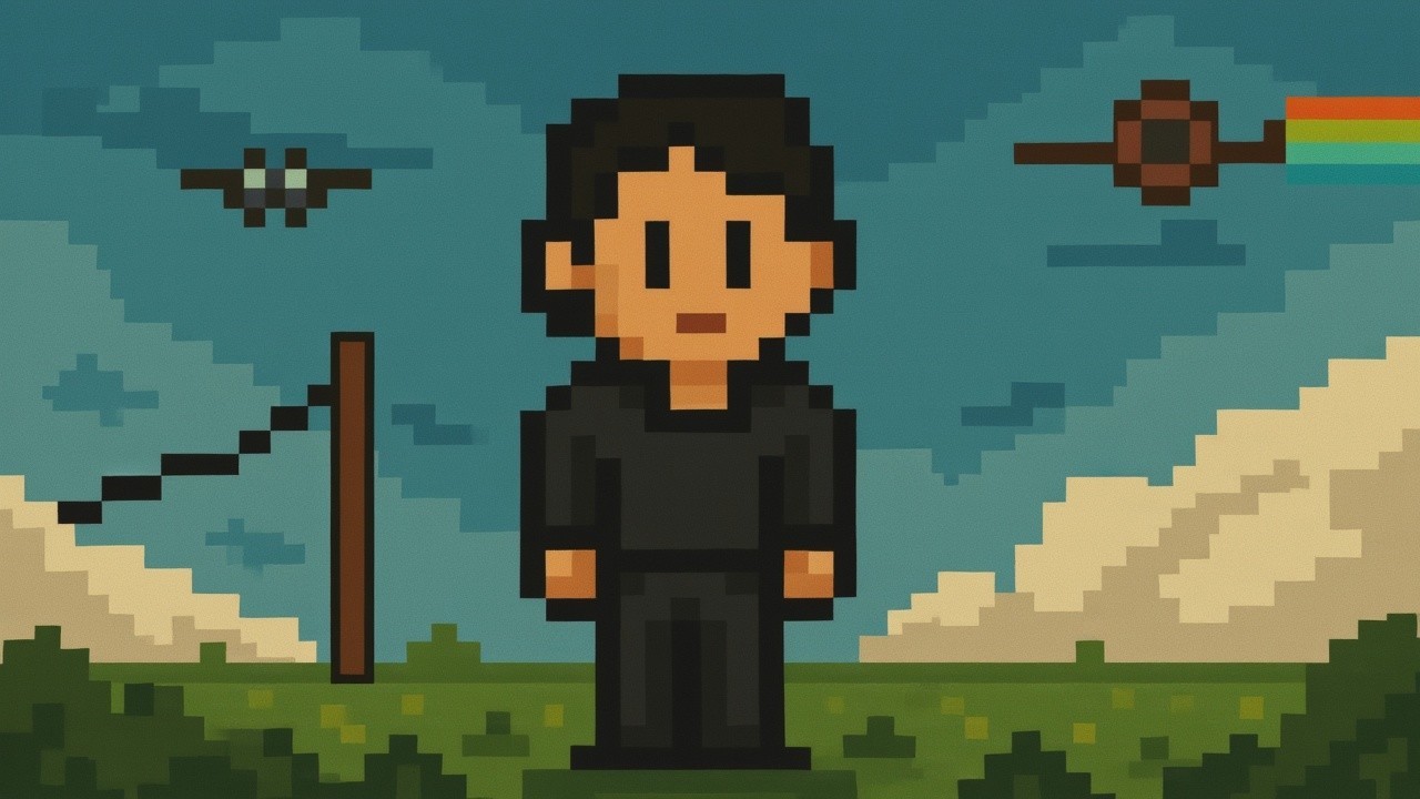 Pixelated Character in Vibrant Landscape Scene