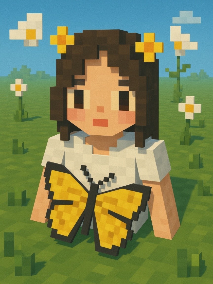 Pixelated Character in Grassy Field with Butterfly Wing