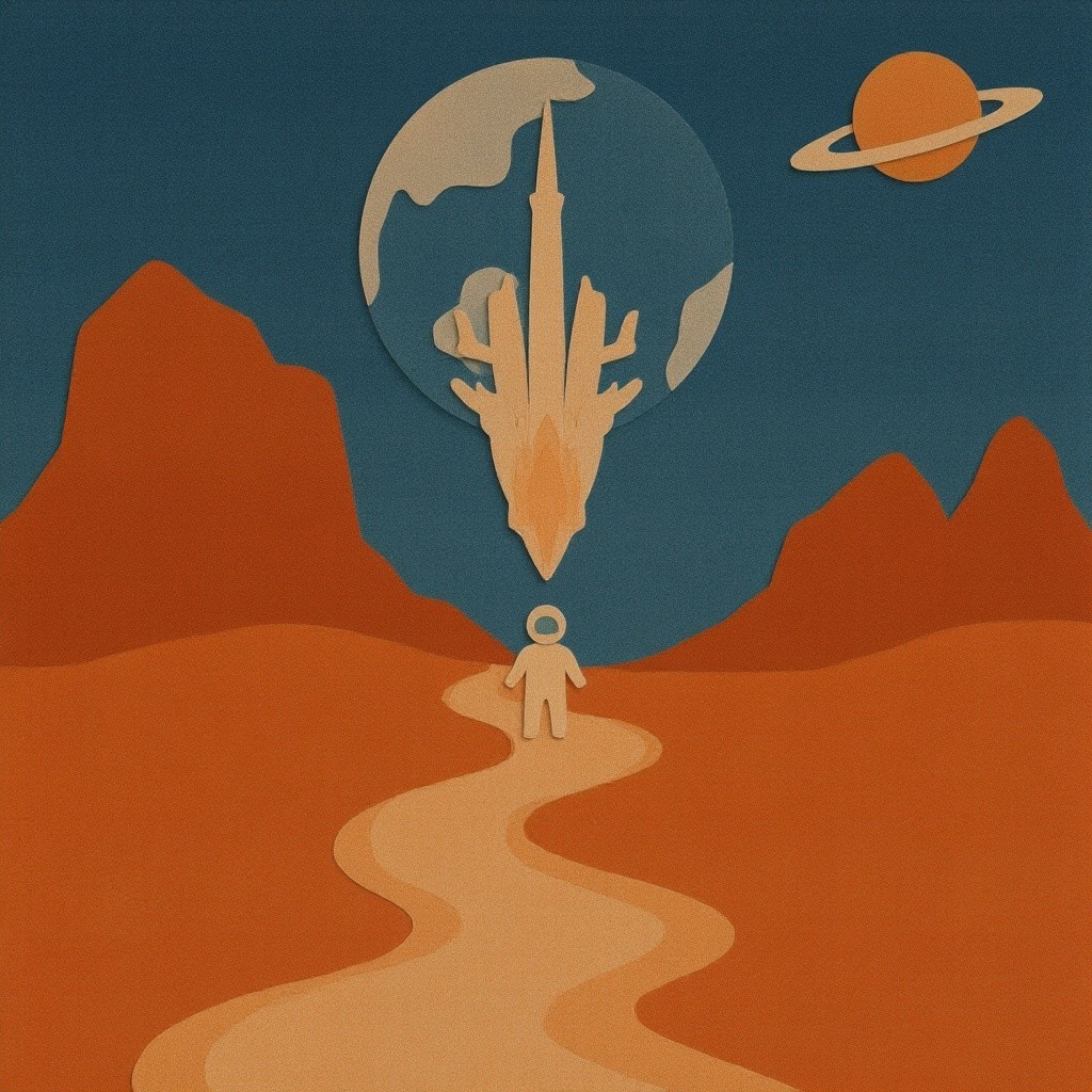 Whimsical Paper-Cut Landscape with Astronaut and Planets