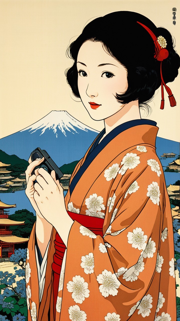Young Woman in Kimono with Mount Fuji Background